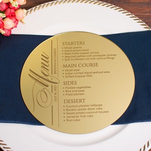 Mirror Acrylic Round Wedding Menu, 7" Wide. Gold Mirror Acrylic Menu. Personalized Wedding Engraved Mirror Menu (6 Colors - Min. Qty 4)