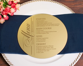 Mirror Acrylic Round Wedding Menu, 7" Wide. Gold Mirror Acrylic Menu. Personalized Wedding Engraved Mirror Menu (6 Colors - Min. Qty 4)