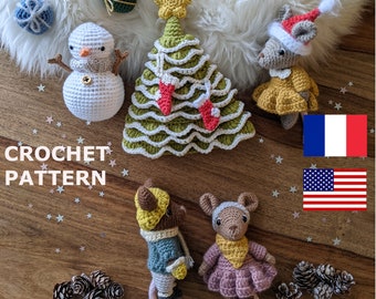 May include: Crochet pattern for a Christmas tree, snowman, and three mice. The tree is green with white trim and red stockings. The snowman is white with a black hat and scarf. The mice are brown with different colored hats and scarves. The pattern is available in both English and French.