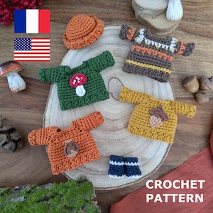 May include: Crochet pattern for four miniature sweaters with autumnal themes. The sweaters feature a mushroom, acorn, and geometric designs in shades of green, brown, orange, and yellow. The pattern also includes a pair of miniature boots.