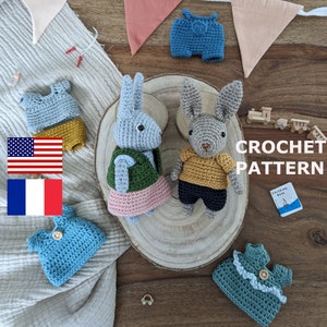 May include: Crocheted bunny dolls with outfits in various colors, including blue, green, yellow, and pink. The image also shows crocheted clothing items and the text "CROCHET PATTERN".