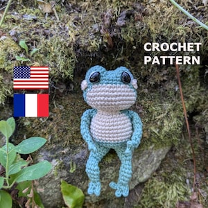Puede incluir: Patrón de crochet para un amigurumi de rana verde y beige. La rana está sentada en una roca cubierta de musgo con el texto "CROCHET PATTERN" encima.