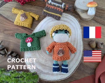 May include: Crochet pattern for a cute frog wearing a brown jumper and a yellow hat. The pattern includes a variety of other crochet items, including a green jumper, a yellow jumper, and a brown jumper with a white and brown pattern. The pattern is available in both English and French.