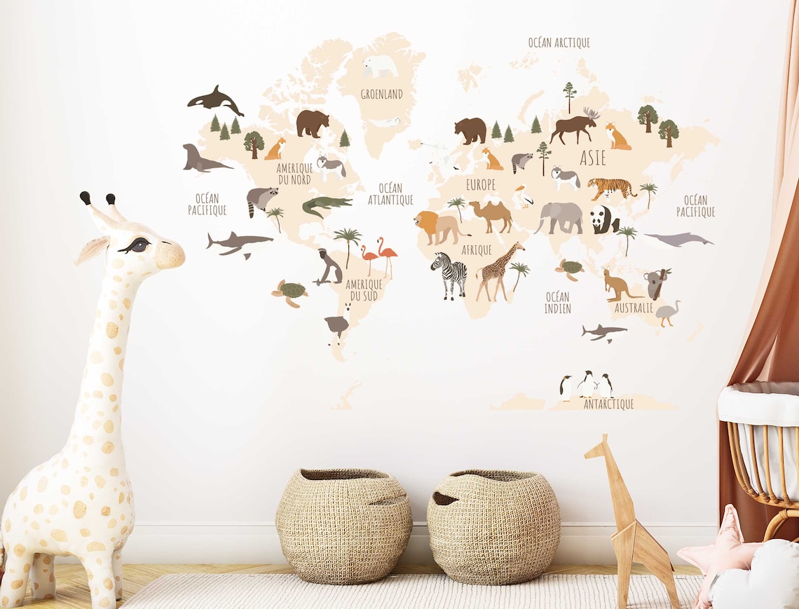 World Map Wall Decal Map Wall Sticker Nursery Map Kids Room | Etsy