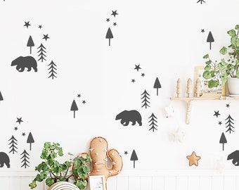 Starry night wall decals, scandi forest, trees sticker, kids room decor, nursery decor