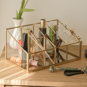 Pen Holder Makeup Jewelry Organizer Box Accessories Gold Brass Glass Wedding Keepsake Geometric Reception 10x6x5" Christmas Gift