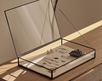 Elegant JEWELRY DISPLAY SHOWCASE Box – Unique Handmade Black Brass Display Case - Minimalist Linen Based Jewelry Organizer Or Box For Gift