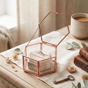 Puede incluir: Un joyero hexagonal de cristal con marco de metal cobrizo y tapa abatible. En su interior, un inserto de terciopelo beige sostiene un anillo plateado. La caja está abierta, dejando ver la estructura interior y el suave cojín de tela.