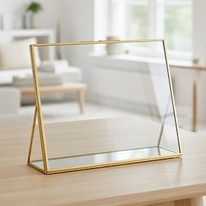 Puede incluir: Un marco de exhibición rectangular de vidrio con un borde fino de latón en tono dorado metálico. El marco está construido con un soporte articulado tipo caballete, lo que le permite mantenerse en posición vertical sobre una superficie plana.