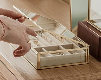 Jewelry Box | Velvet Lined Organizer | Handmade | Brass & Gold Glass | Minimalist | Elegant Storage | Personalized Gift | Valentine’s Day