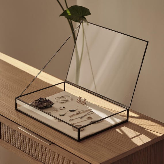 Elegant JEWELRY DISPLAY SHOWCASE Box – Unique Handmade Black Brass Display Case - Minimalist Linen Based Jewelry Organizer Or Box For Gift