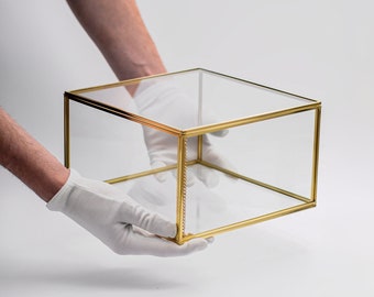 9x9x5" Jewelry Accessory Chocolate Photo Box Organizer With Brass Glass Lid