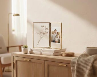 8x6" Floating Glass Frame Brass Desktop Photo Picture Double Tabletop Bilderrahmen Vertical Pretty Perfect For Pressed Flower Arrangement