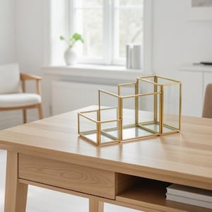 Porte-stylo décoration de bureau organisateur de maquillage laiton doré verre accessoires géométrique 8x4x5" cadeau de noël