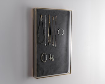 Jewelry Display Showcase | Wall Hanging | Glass Box | Brass | Gold | 12x20x2 inch