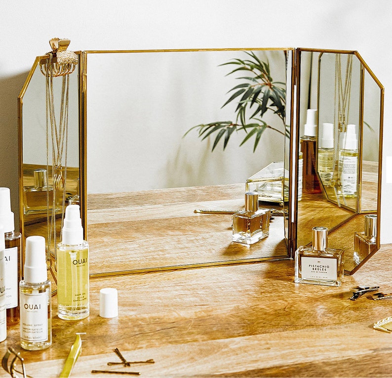 24x12 Vanity Makeup Mirror Brass Desktop Tabletop Desk Gold Decorative Scandinavian Portable Bedroom Bohemian Modern Decor Christmas Gift image 1