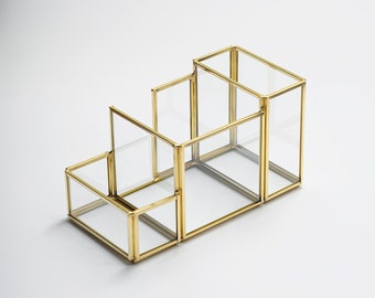 Pen Holder Office Decoration Makeup Organizer Brass Gold Glass Accessories Geometric Handmade 8x4x5" Christmas Gift