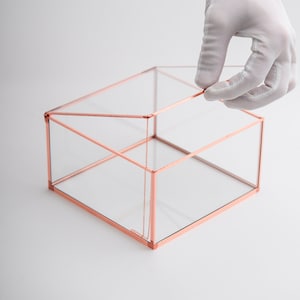 Caixa de vidro para fotos 6x6x3" com display, cartão de cobre rosa, joias personalizáveis, buquê de casamento, organizador de lembranças, presente de Natal