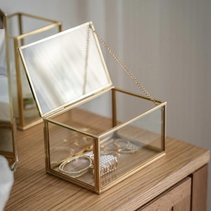 Puede incluir: Una caja expositora rectangular de cristal con marco de metal dorado y tapa abatible sujeta por una fina cadena dorada. La caja es transparente, lo que permite ver claramente el interior, y presenta bordes limpios con acabado pulido.