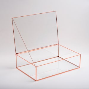 Caixa de vidro para fotos de 12x8x3" com rosas de cobre, cartão personalizável, joias personalizáveis, buquê de casamento, organizador de lembranças, presente de Natal