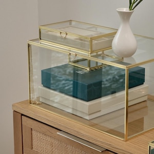 Jewelry Display Case | Glass Showcase Cabinet | Large Counter Stand | Brass Gold | Wedding Accessory Storage Box