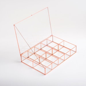 Organizador de joyas, relojes, accesorios, caja de maquillaje, cobre, cristal rosa, recuerdo de boda, tarjeta geométrica, recepción, 12 x 8 x 2,5 pulgadas