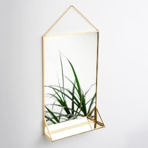 Espejo de latón de 12 x 8 x 2 pulgadas para colgar en la pared del baño, decoración bohemia, estilo nórdico, maquillaje dorado con colgador de pared decorativo