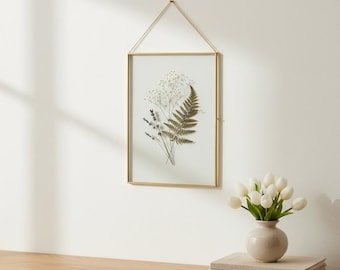 Marco de vidrio flotante de 14 x 10 pulgadas, latón dorado, para colgar en la pared, marco de fotos doble, vertical, perfecto para arreglos florales prensados.