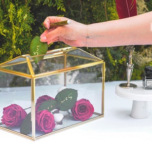 Caixa de cartão casamento geométrico latão dourado vidro terrário recepção desejo bem lembrança envelope suporte exibição presente 10,3" x 7,5" x 6"