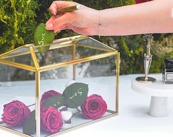 Card Box Wedding Geometric Brass Gold Glass Terrarium Reception Wish Well Keepsake Envelope Holder Display Gift 10.3&quot; x 7.5&quot; x 6&quot;