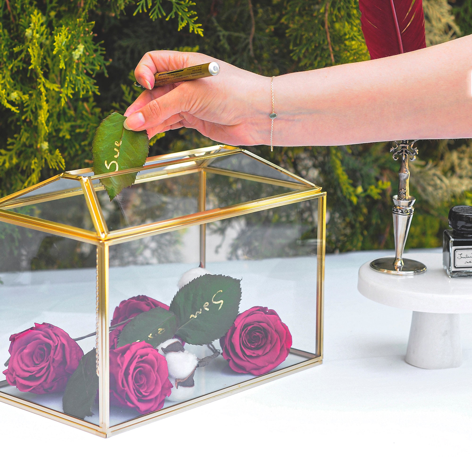 Grande boîte à cartes de mariage en verre de 26 cm avec fente et serrure, terrarium