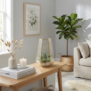 Terrario geométrico para bodas, jarrón de latón, dorado y vidrio, 33 x 25 x 25 cm