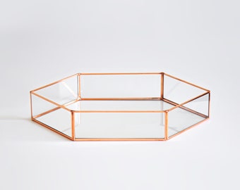 12x8x2.5” Wedding Tray Makeup Organizer Glass Copper Rose