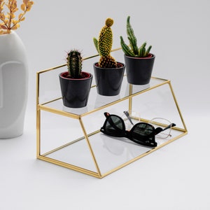 Pen Holder Makeup Jewelry Organizer Box Accessories Gold Brass Glass Wedding Keepsake Geometric Reception 12x7x6&quot; Christmas Gift
