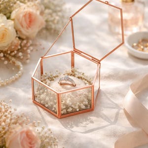 Scatola portaoggetti per gioielli con anello, in vetro e rame rosa, 5x4x2", regalo di Natale