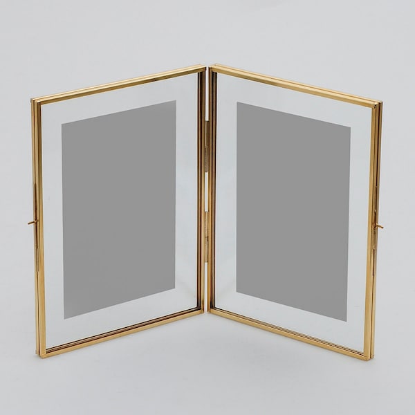 Cadre en verre flottant de 20 x 15 cm (8 x 15 cm) en laiton pour photo de bureau, image à double plateau vertical, parfait pour une composition florale pressée