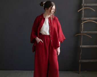Linen Cherry Red Three Quarter Sleeve Short Shirt 3/4, Loose Oversized, Collar Blouse, Casual Summer Tunic, Embroidered Monogram
