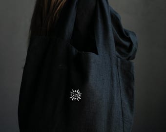Grande bolsa redonda de linho, bolsa de compras preta, bolsa de linho, sacola reutilizável, bolsa de compras de ombro, iniciais bordadas, bolsa de praia orgânica