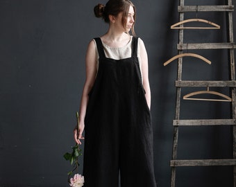 Schwarze Leinen Latzhose, Lässige Sommer Latzhose, Damen Latzhose, Bio Leinen Romper Jumpsuit, Boho Frühlingshose, Gesäßtasche