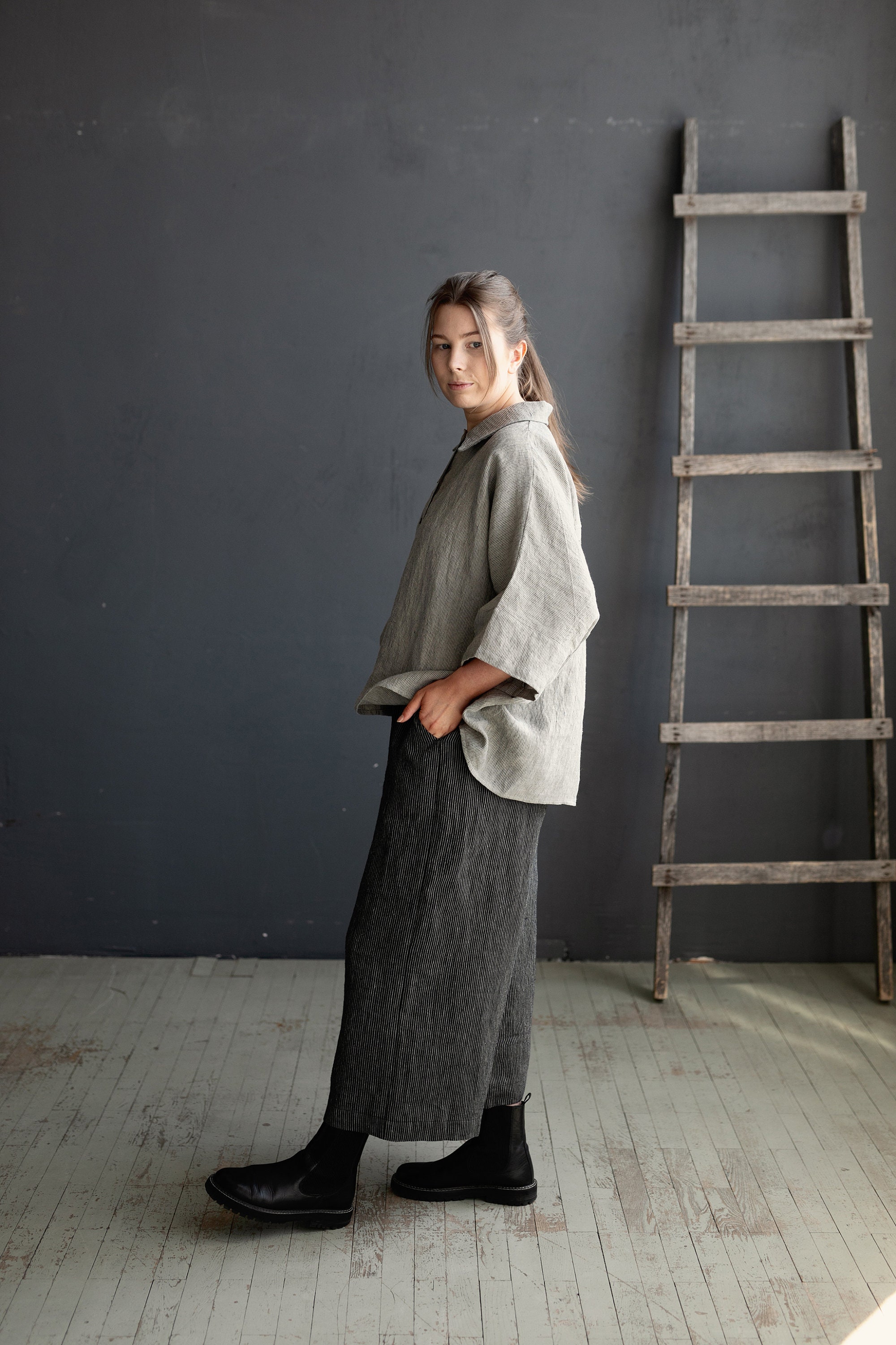 Collared Half Button Short Sleeve Linen Blend Top