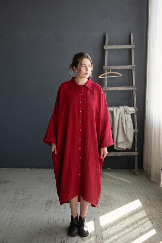 Cherry Red Linen Shirt Dress, Oversized One size, Loose Spring Autumn Women's Top, Organic Textile, Long Sleeve Coat, Monogram Embroidery