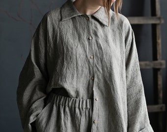 Camisa de lino con botones largos y mangas largas, rayas blancas negras, blusa de primavera holgada de gran tamaño, top de túnica de verano informal, talla única