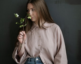 Linen Button Shirt With Long Sleeves, Pastel Pink, Loose Oversized Spring Blouse, Casual Summer Tunic Top, Classic Collar, Monogrammed