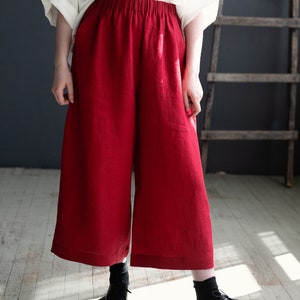 チェリーレッドのリネンキュロット、ワイドリネンパンツ、ゆったりとしたサマーパラッツォパンツ、マキシ春ボヘミアンカジュアル、ポケット付き、ハイウエストスプリットスカート
