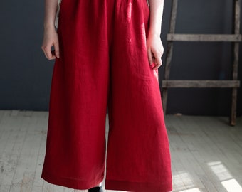 Jupe-culotte en lin rouge cerise, Pantalon large en lin, Pantalon palazzo d'été ample, Maxi printemps bohème décontracté, Avec poches, Jupe fendue taille haute