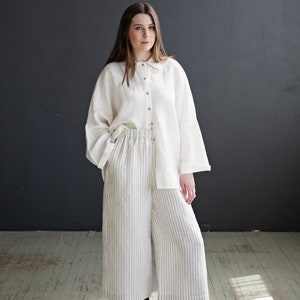 Linen Culottes, White Stripes, Wide Linen Pants, Loose Summer Palazzo Trousers, Maxi Spring Boho Casual,With Pockets, High Waist Split Skirt