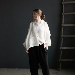 White Linen Short Button Shirt With Long Sleeves, Loose Oversized Spring Blouse, Casual Summer Tunic Top, Pocket And Collar, Embroidered