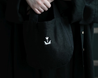 Bolsa de linho preta, mini bolsa redonda, sacola de compras, bolsa com alça superior, bolsa de linho, bolsa tote de linho, linho lavado, sacola de compras pequena, bordada