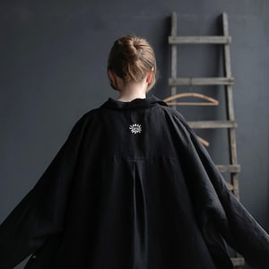 Long Black Linen Shirt Dress, Oversized One Size, Loose Spring Autumn Women&#39;s Top, Organic Textile, Long Sleeve Coat, Monogram Embroidery