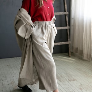 Natural Linen Culottes, Cozy Wide Linen Pants, Loose Summer Palazzo Trousers, Maxi Spring Boho Casual, With Pockets, High Waist Split Skirt